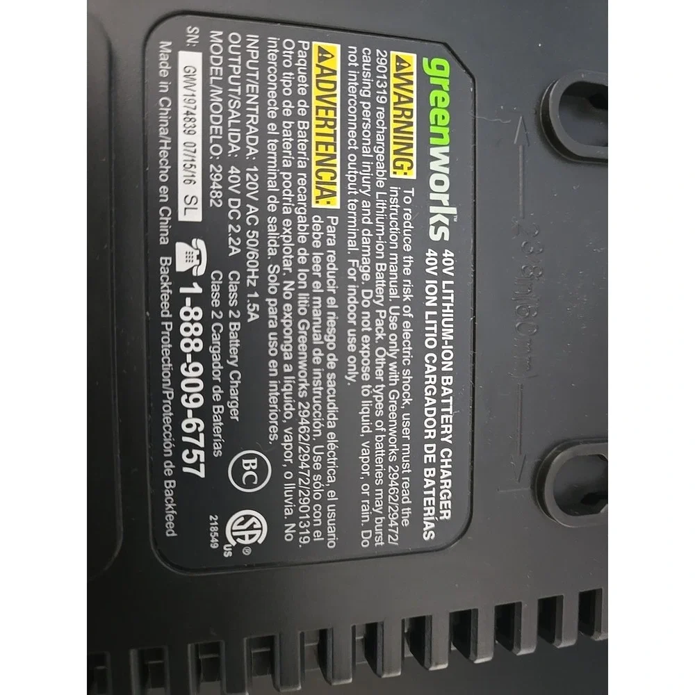 GreenWorks 40V Lithium-ion Battery Charger‎ G-MAX Green 29482